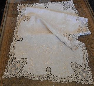 Antique 1910,  Greek Table Cloth Handmade Fine Lace & Embroidery 105 Cm X 41,  5 Cm
