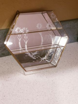 Vintage 9.  5 " Glass Brass Etched Mirrored Hexagon Curio Display Cabinet Box