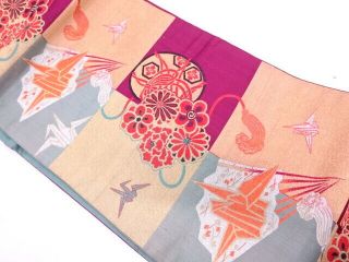 89428 Japanese Kimono / Antique Nagoya Obi / Woven Hand Drum & Paper Crane