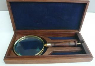 Vintage Wooden Cased Magnifying Glass - Brass Anchor Inlaid On Lid