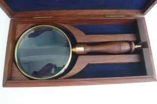 Vintage Wooden Cased Magnifying Glass - Brass Anchor Inlaid on Lid 4