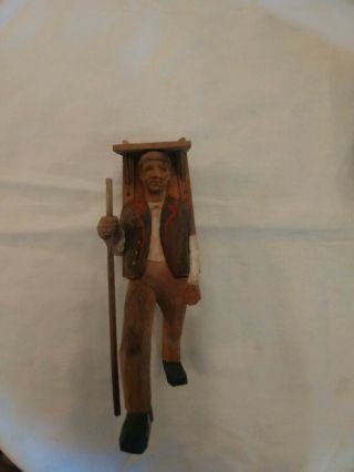 Vintage Hand Carved Wood Figurine Man W/back Pack 6 " Hiker Wooden