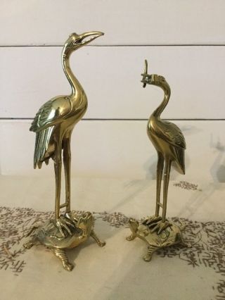 Vintage Brass Cranes On Turtle Figure Home Decor Statues