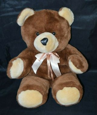 Vintage Cuddle Wit Brown Plush Teddy Bear W/ Peach Colored Satiny Satin Bow 17 "
