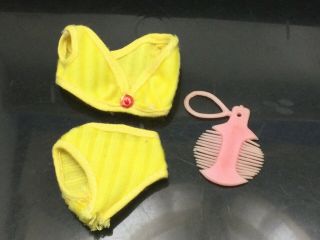 Vtg 1970s Mego Maddie Mod Yellow Stripe Bikini Swimsuit,  Pink Hair Comb