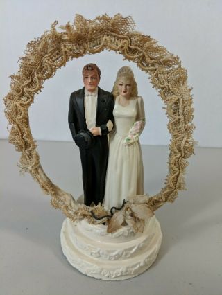 Vtg Wedding Cake Topper Plaster Chalkware Bride And Groom 1947 Blond