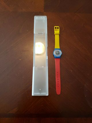 Vintage Ladies Swatch Watch Tri - Color Racer Ls102 1985 Red Yellow Blue