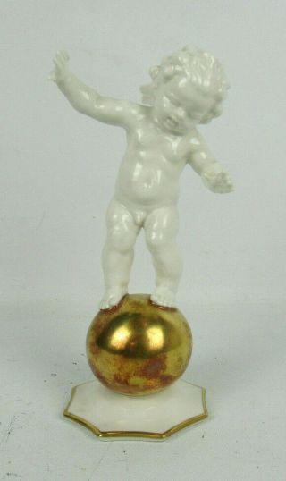 Vintage Hutschenreuther Tutter Cherub On Gold Tone Ball Figurine