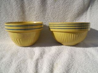 2 Small Antique Yellow Ware Stoneware Mixing Bowl Blue Stripe Banded 5 Inch