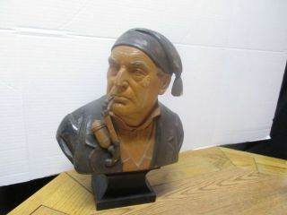 Vintage 14 " Hand Carved Wooden Man Smoking A Pipe Bust Statue Seaman Captain