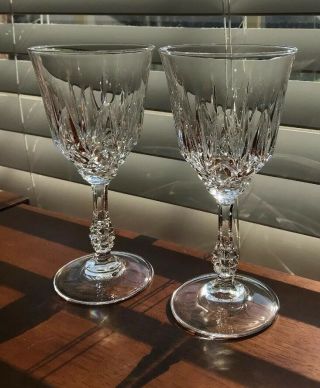 Antique Set Of 2 Waterford 7 5/8 " Cut Crystal Wine Glasses With Decorative Stems