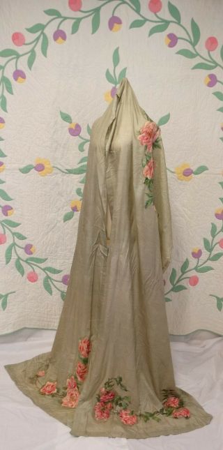 Antique Silk Shawl Hand Painted Roses Pink Cabbage Long Swag 148 " X 30.  5 "