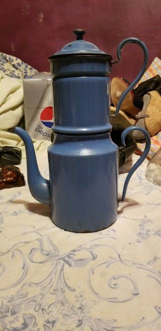 Antique French Enameled Biggin Coffee Pot - Blue Enamel Stamped W Lion