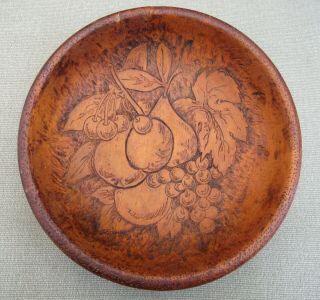 Antique Pyrography Wooden Fruit Bowl Vintage Patina