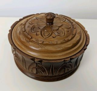 African Hand Carved Wood Wooden Floral Trinket Box W Lid Storage Vintage Ornate