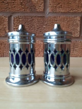 Antique Salt And Pepper Shakers Pots Cobalt Blue Glass Liner Silver Plated Set