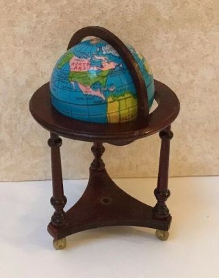 Dollhouse Miniatures Vintage Turning Globe On Mahogany Base With Wheels