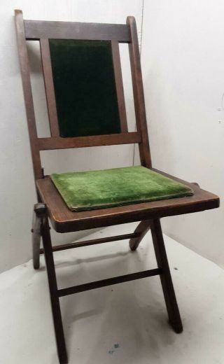 Vintage Wood Folding Chair Green Velvet Seat & Back