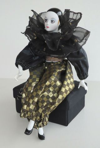 Vintage Black & Gold 14 " Porcelain Harlequin Doll And Handmade Box