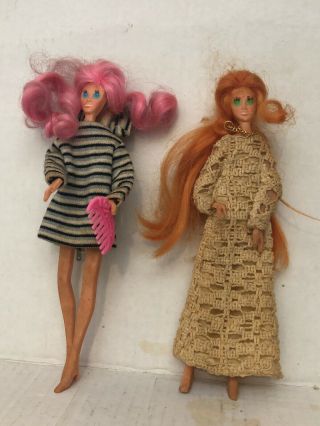 Vintage 1970 Ideal Fashion Flatsy Dolls Hor Pink Hair & Redhead
