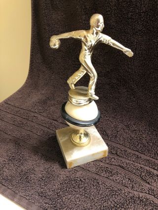Vintage ‘50s Bowling Trophy Marble/metal Topper Marble Base 9 1/2 " Tall