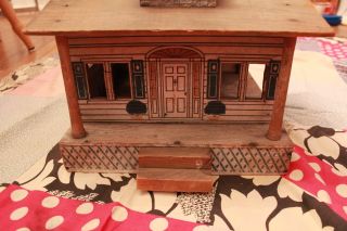 Antique Vintage Converse Dollhouse Wooden With Windows Door And Shrubs