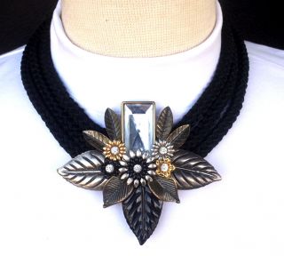 Huge Bold Vintage 3 Strand Black Cord Acrylic Flower Leaf Stone Necklace