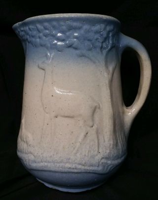 Antique Blue & White Salt Glaze Stoneware Doe And Fawn Deer Tree Pitcher