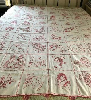 Antique Embroidered Quilt Top Or Coverlet Turkey Red Embroidery 68 " X74 "