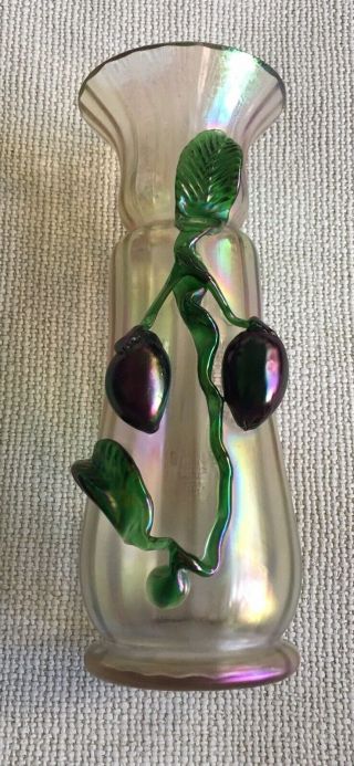 Antique Kralik 1900 - 1905 Verre De Soie Plums Art Glass Bohemian Vase - Loetz Era