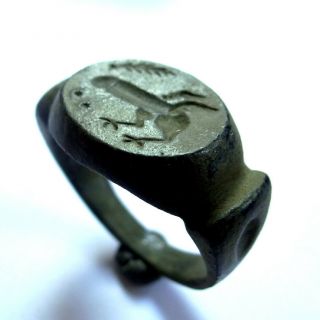 Roman Ancient Artifact Bronze Ring With Phallus And Wings