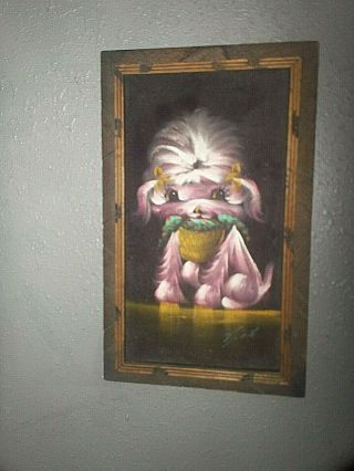 Vtg Pink Dog Puppy Big Eyes Velvet Painting Carved Wood Frame Signed Artist 60s