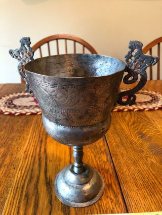 Antique Mug - Goblet Cup With Horse & Snake Serpent Handle Vintage Silver Color