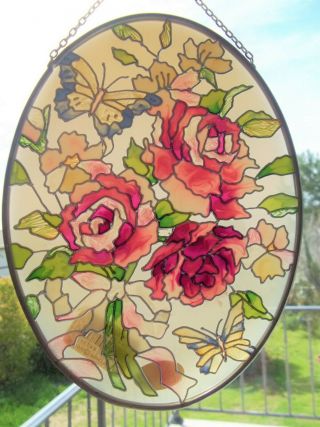 2001 Joan Baker Antique Rose Pink Stained Glass Sun Catcher Butterfly Flowers