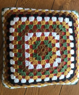 Vintage Granny Square Crochet Pillow Retro Black Gold Green Ivory 14” X 14”