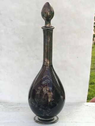 Vintage Amethyst Purple Glass Decanter With Silver Floral Design Stenciling
