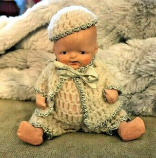 Little All Bisque Baby Doll Jointed 4 - 5” Bent Leg Japan Vintage Crocheted Outfit
