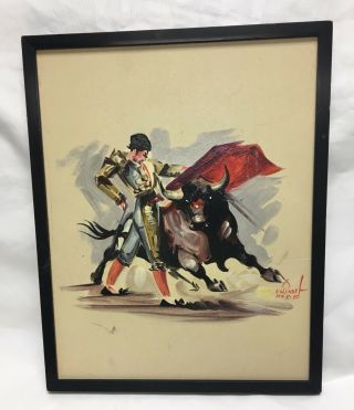 Vintage Bull Fighting Fighter Painting Mexico Signed Matador Framed Red Cloth