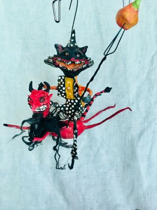 Handsculpted Primitive Creepy Halloween Blact Cat Riding Flying Devil 81/2”