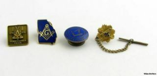 Masonic - 4 Piece Pin Set Sterling Silver Vintage Enamel Square & Compass
