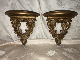 Vintage Pair Syroco Wood Gold Scroll Wall Display Shelf W Plate Groove 2 Shelves