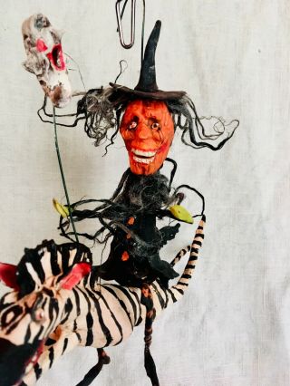 Handsculpted Primitive Creepy Halloween Punkin Witch Riding Circus Zebra 81/2”