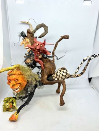 Handsculpted Primitive Krampus Riding Mossy Halloween Flying Punkin Man & Spooks