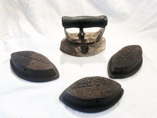 Antique Vintage Cast Sad Iron Asbestos 72 - B Holder Wood Handle 3 - Irons 1 - Handle