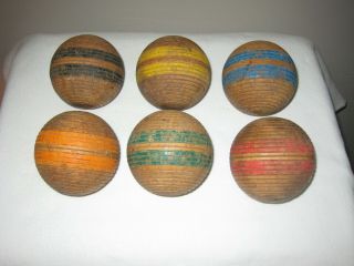 6 Wood Striped Ribbed Croquet Balls – Vintage Antique 3 ½”