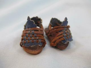 Antique French Bisque Doll Shoes Sandals Brown & Blue Leather Mini Size