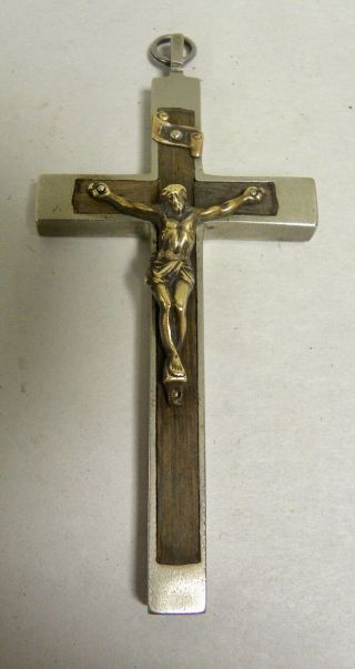 Vintage Antique Metal & Wood Crucifix Pendant Made In France (a5)