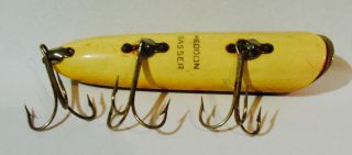Vintage HEDDON - BASSER Floater - Yellow Green Red 3 Hook Wooden Lure - 2