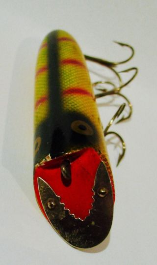 Vintage HEDDON - BASSER Floater - Yellow Green Red 3 Hook Wooden Lure - 3