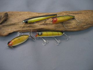 Vintage/antique Fishing Lures - 4 Old Baits - All Heddon - Cobra - Sos - Lucky 13 - Chugger